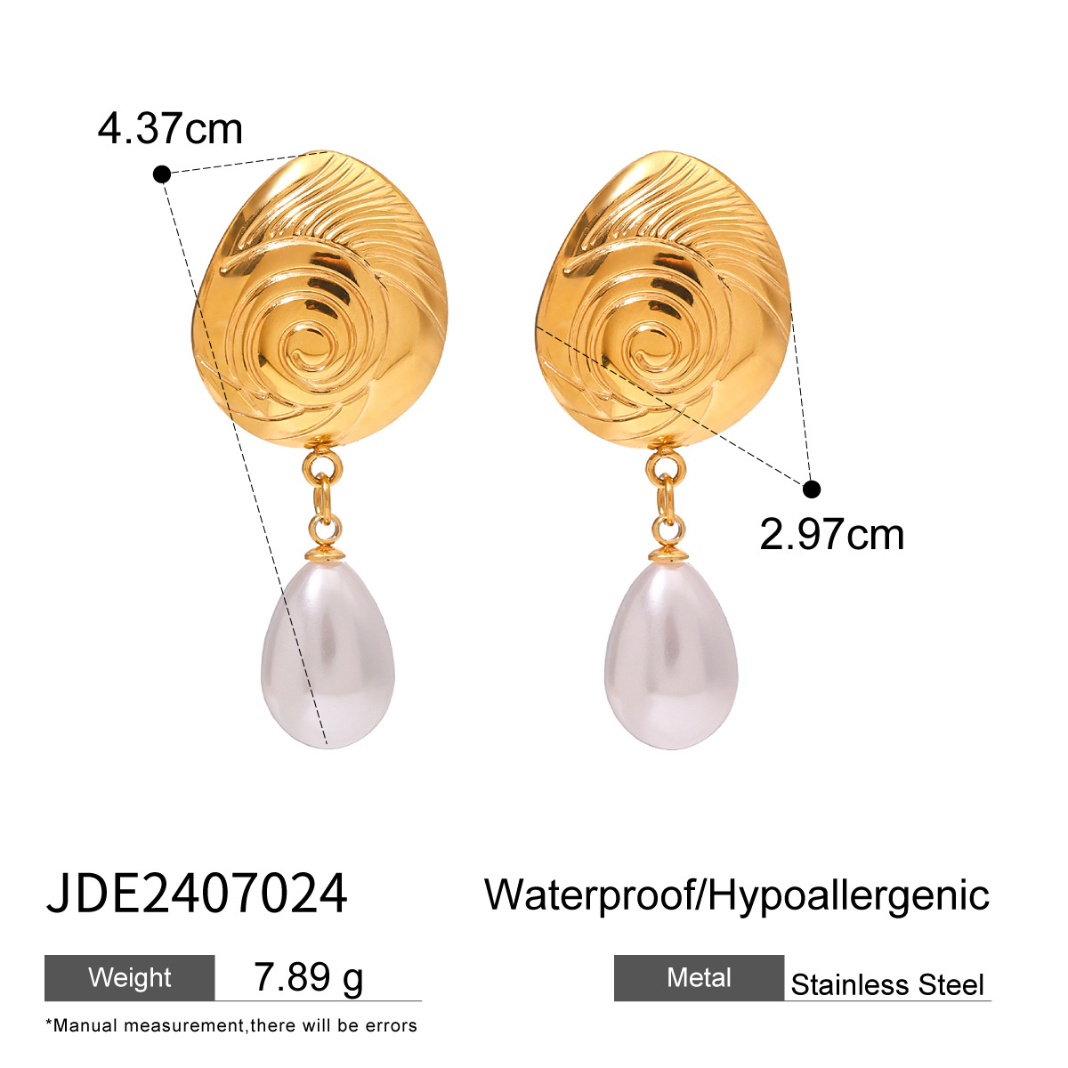 1 paire de boucles d'oreilles pendantes simples et élégantes en forme de conque en acier inoxydable plaqué or 18 carats avec incrustation de perles artificielles pour femmes h5 Image2