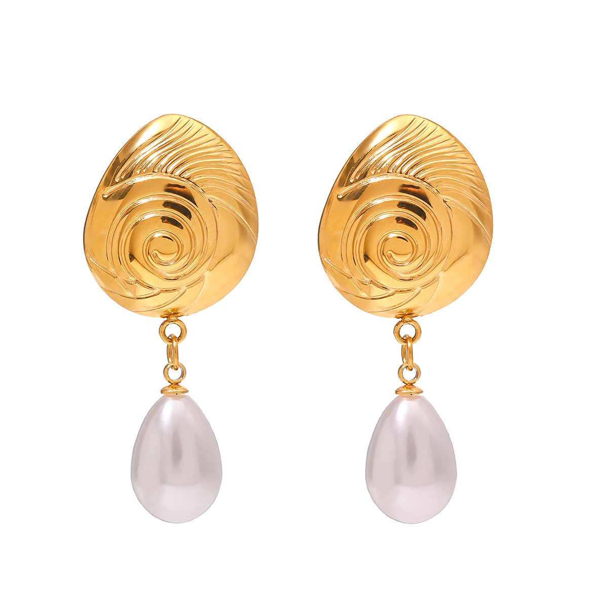 1 par de pendientes colgantes de perlas artificiales con incrustaciones de acero inoxidable chapado en oro de 18 quilates y forma de caracol de estilo simple y elegante para mujer h5 Imagen5