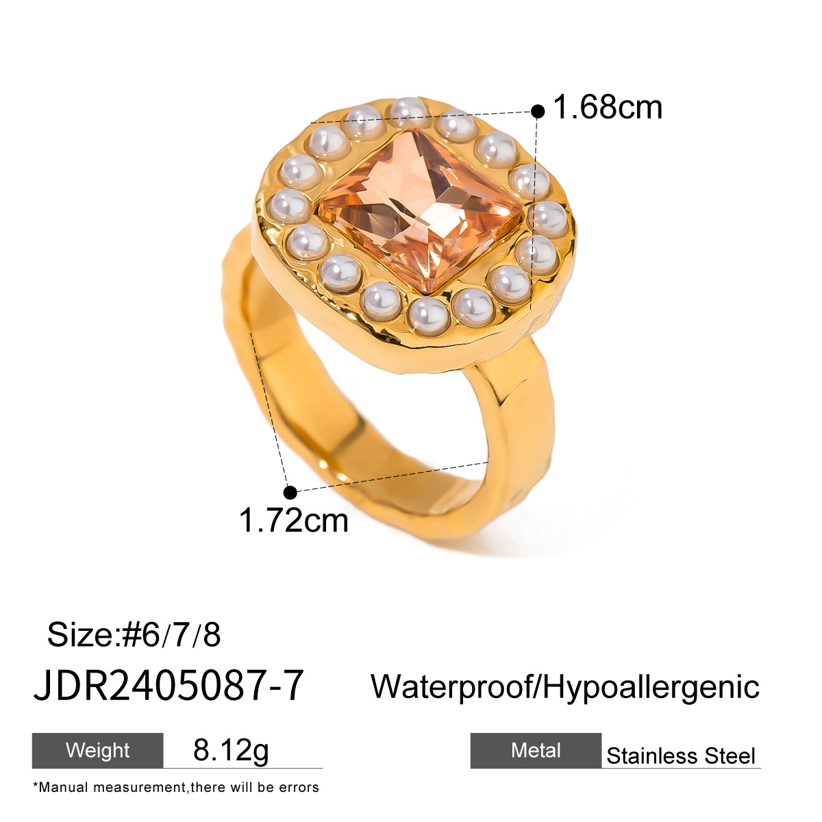 1 pezzo di lusso retrò stile quadrato forma 18K placcato oro intarsio strass anello singolo da donna h5 Immagine2