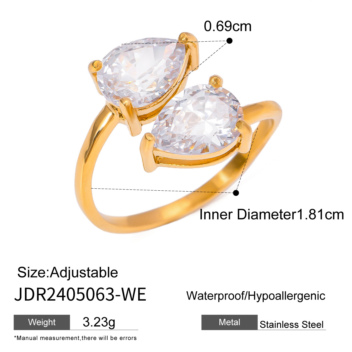 1 pezzo semplice stile retrò geometrico acciaio inossidabile placcato oro 18K zirconi anelli regolabili da donna h5 Immagine2