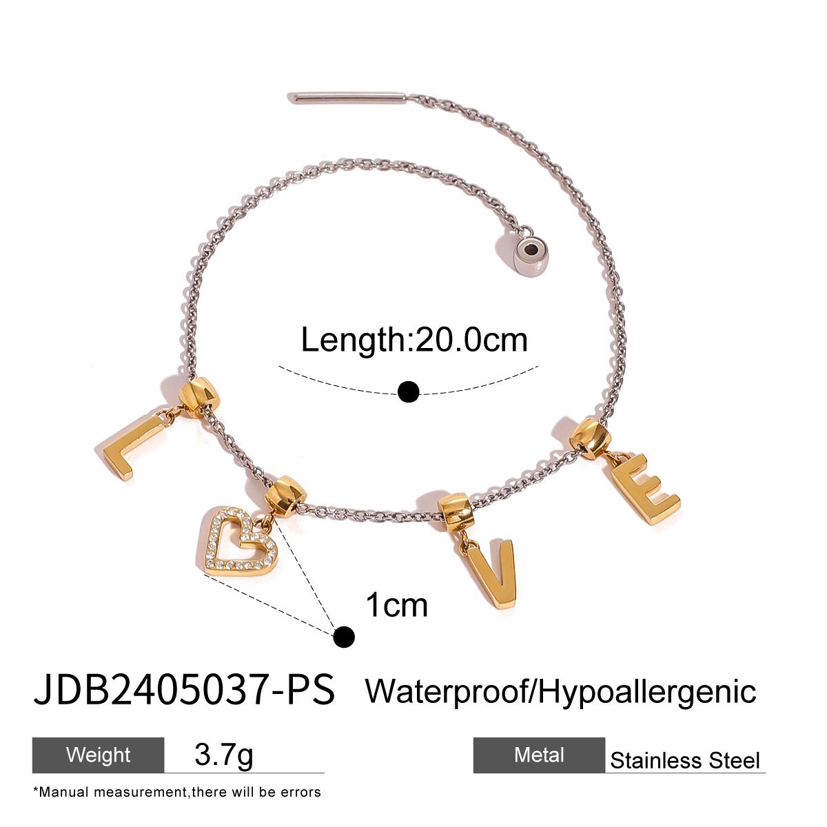 Pulsera con colgante de acero inoxidable chapado en oro de 18 quilates con incrustaciones de diamantes de imitación y forma de letra de estilo simple para mujer de 1 pieza h5 Imagen2