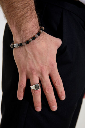 Dikdörtgen taşlı erkek yüzüğü - gümüş/siyah h5 Resim2
