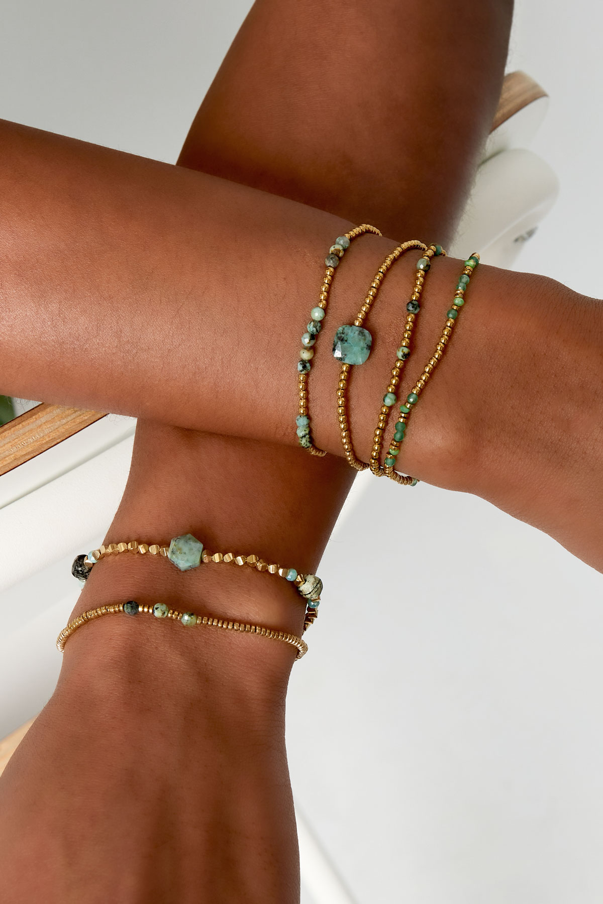 Braccialetto di perline diverse perle - acciaio inossidabile verde e oro Immagine2