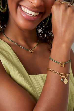 Bracciale con perline lucchetto a cuore - acciaio inossidabile verde/oro h5 Immagine2