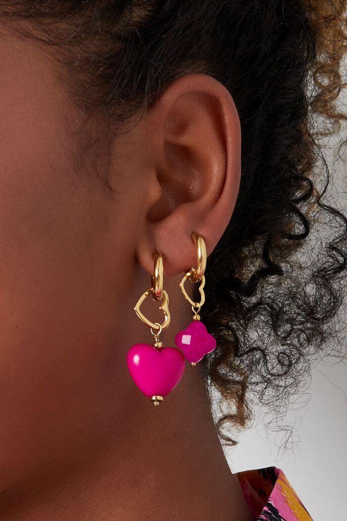 Boucle d'oreille double coeurs rose - or Image3