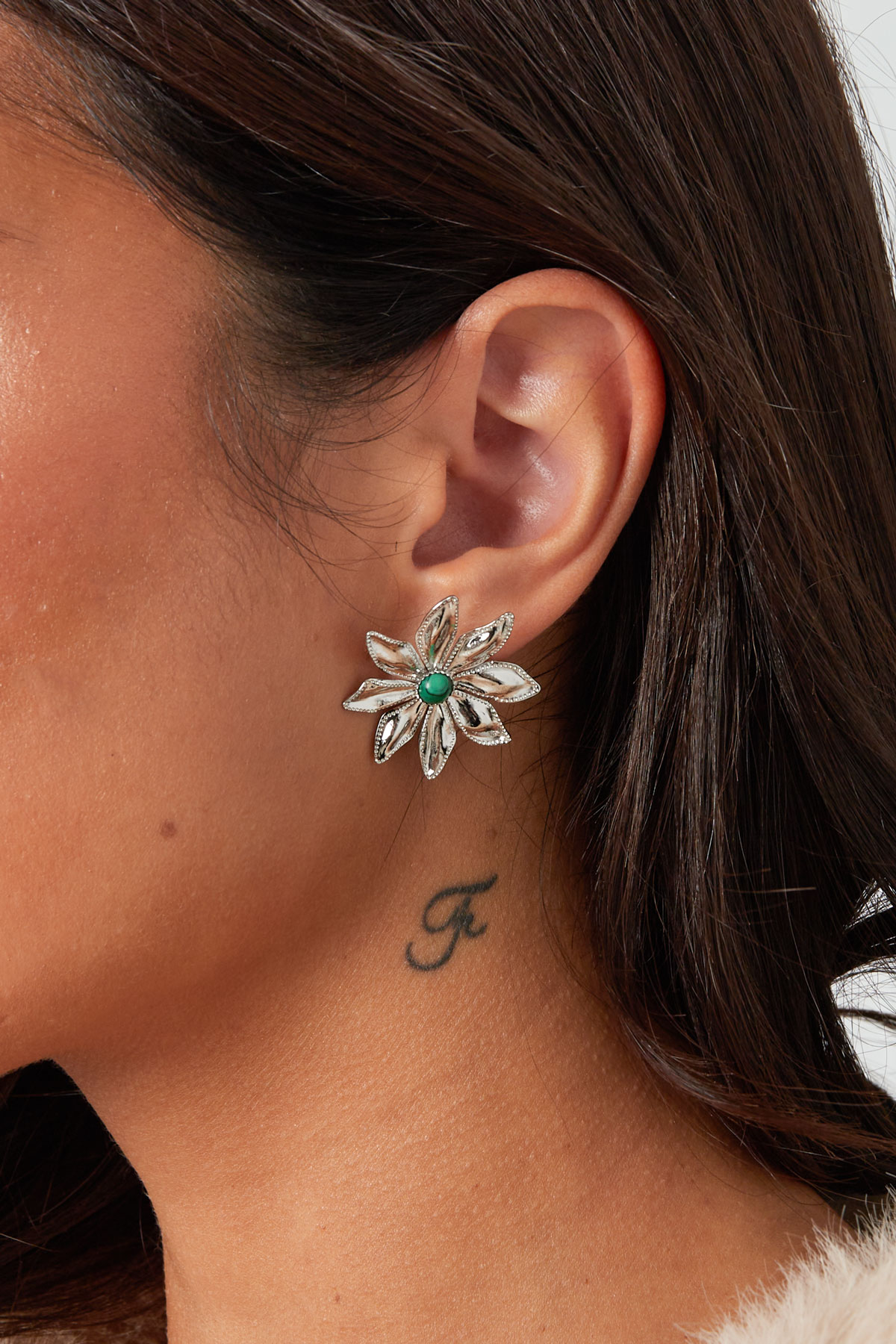 Boucles d'oreilles puces fleur avec pierre - argent/vert h5 Image3