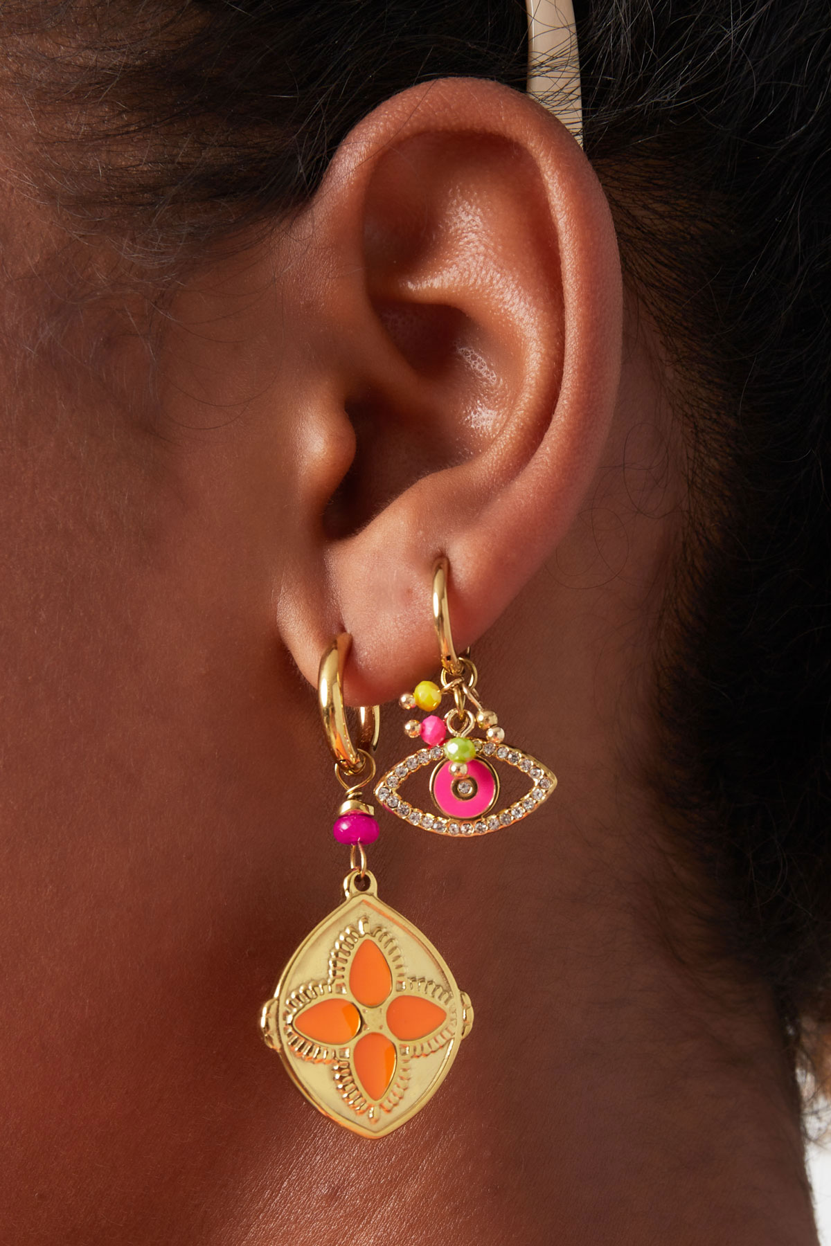 Ohrringe mit Zirkonen und farbigem Auge – Gold/Rosa h5 Bild3