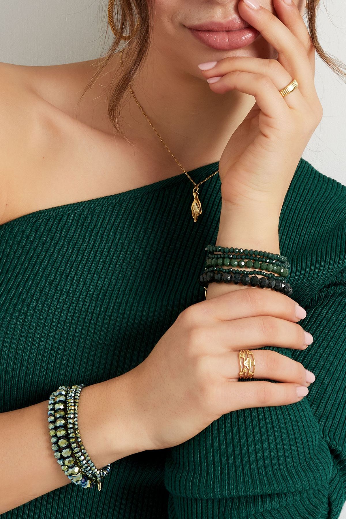 Set di 5 braccialetti con perline di cristallo irregolari - verde scuro Immagine5