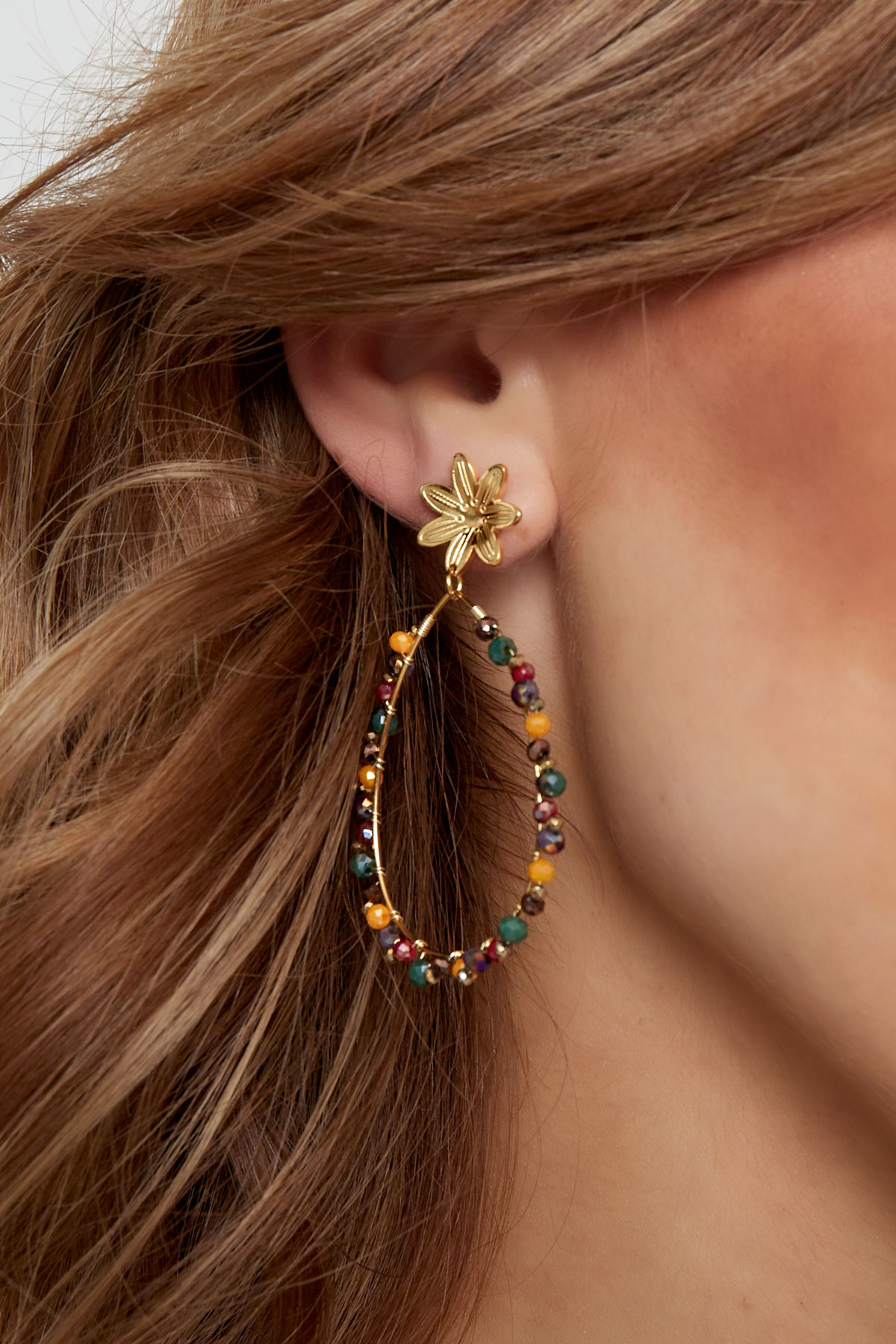 Ohrhänger mit Perlen und Blumen – Gold/Mehrfarbig h5 Bild3