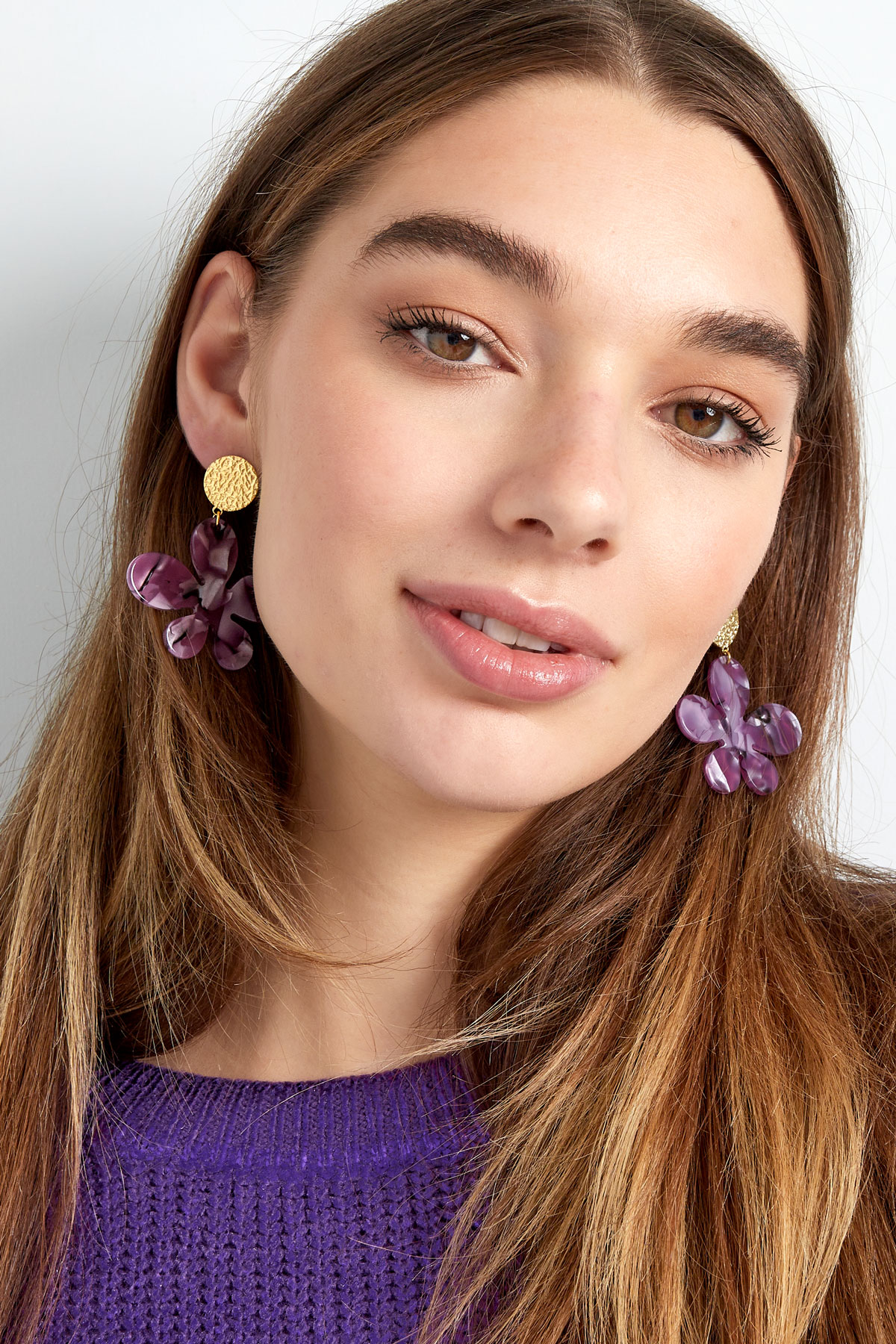 Flower earrings with print - gold/purple h5 Picture3