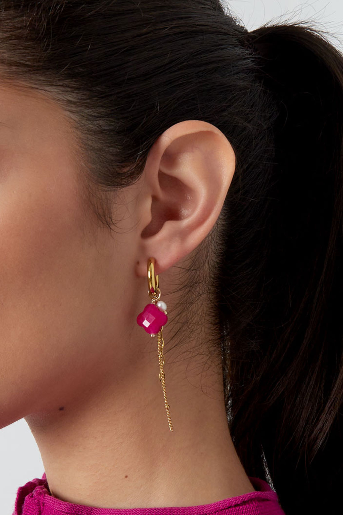 Clover earrings with chains - gold/fuchsia h5 Picture3