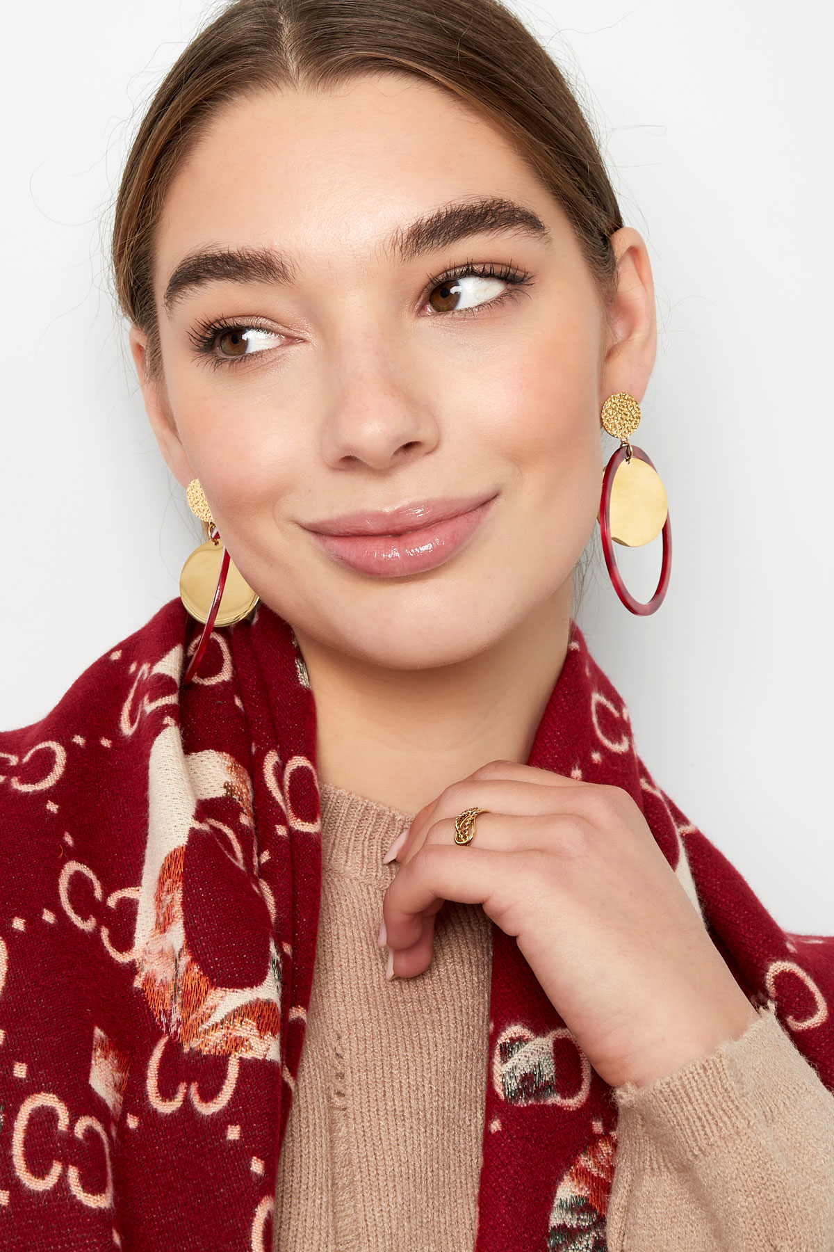Earrings circles with print - gold/red Picture4