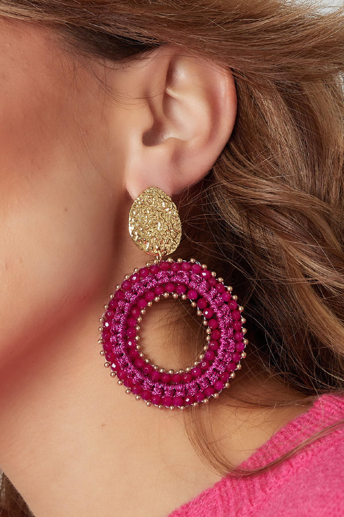 Round earrings with beads - gold/fuchsia h5 Picture5