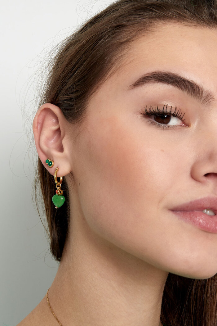 Basic double natural stone stud earrings - green gold Picture4