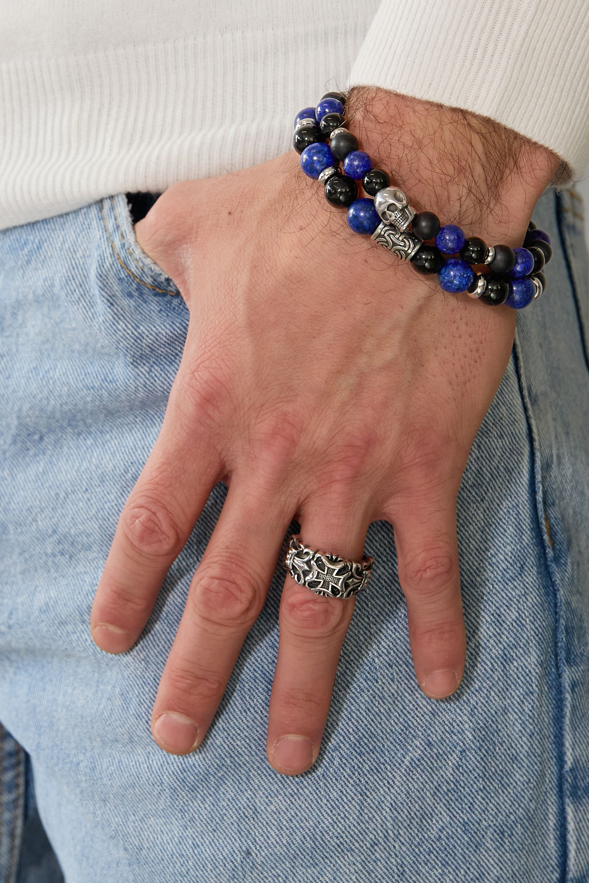Men's bracelet beaded skull details - blue h5 Picture4