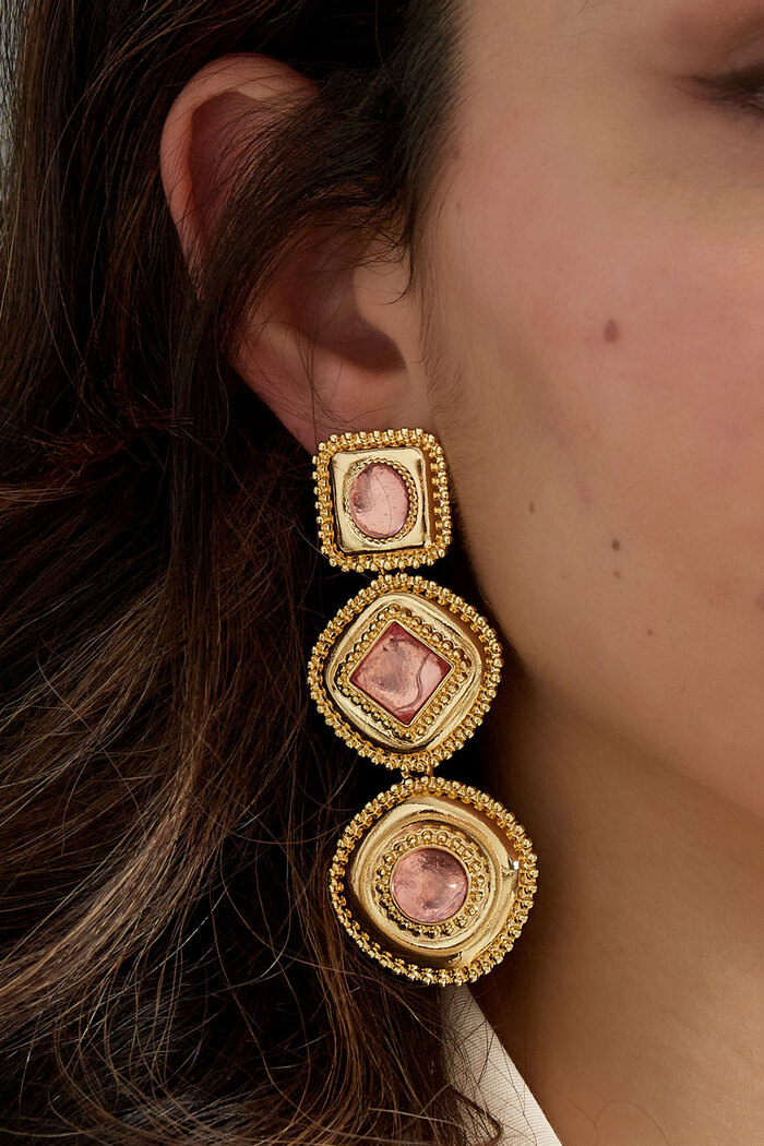 Geometrische oorbellen met steentjes - roze Afbeelding3