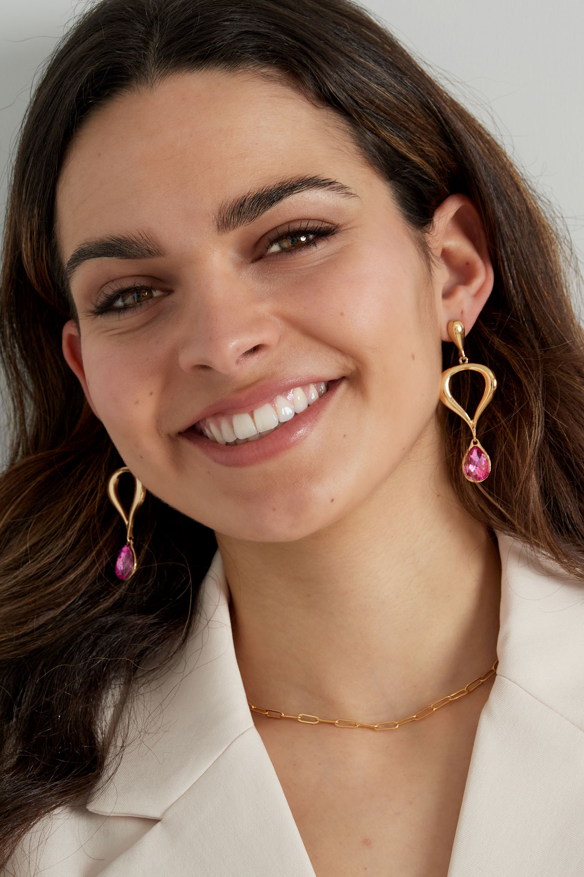 Classic earring with colored pendant - pink, gold Picture2