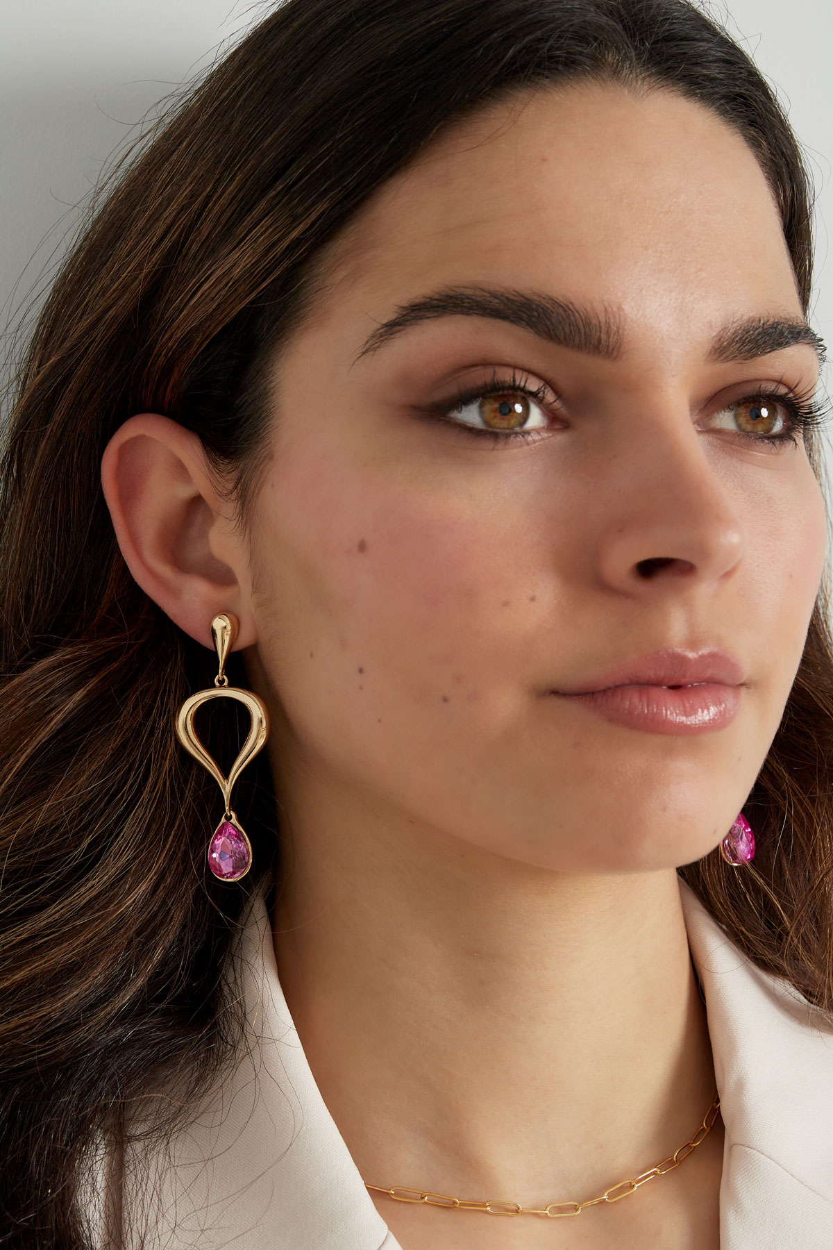 Classic earring with colored pendant - pink, gold h5 Picture4
