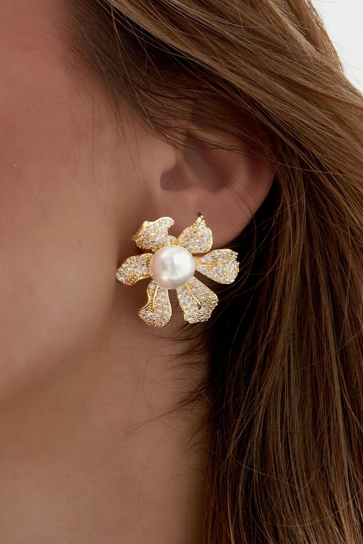 Boucles d'oreilles fleur scintillante perle argent - zircon cuivre h5 Image3