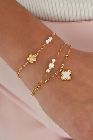 Double bracelet with pearls and clover charm - gold  h5 Picture3
