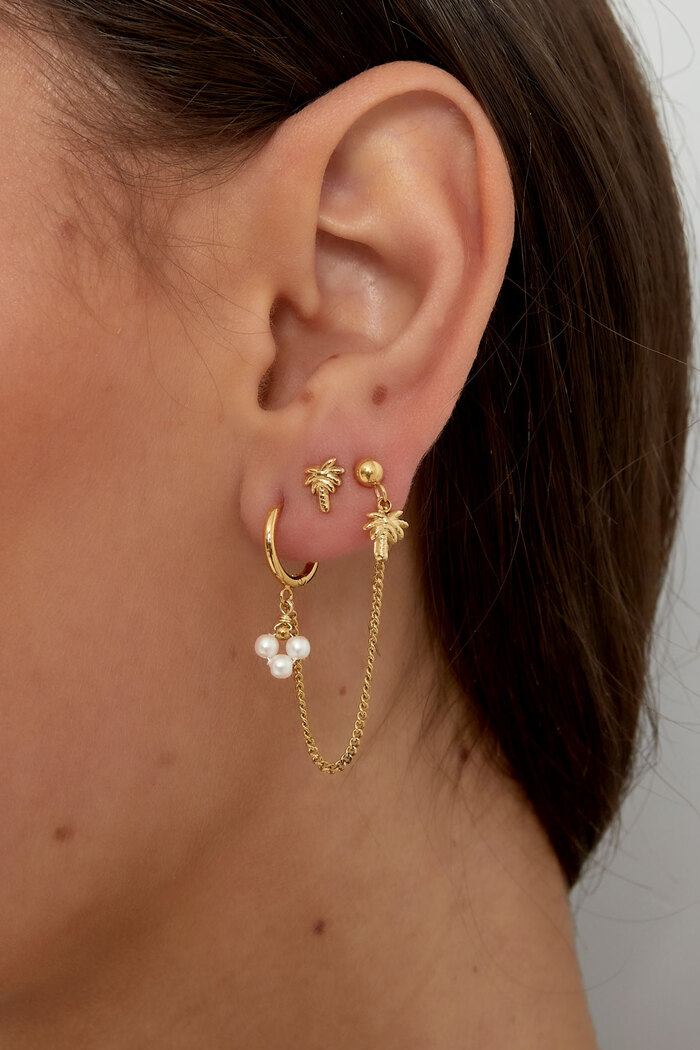 Doppelter Ohrring mit Palme und Perle – Gold Bild3