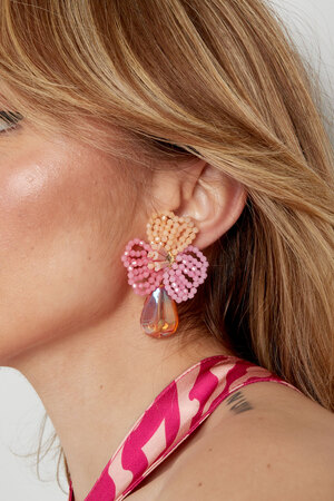 Flower earrings with beads and drop-shaped pendant - Pink h5 Picture3