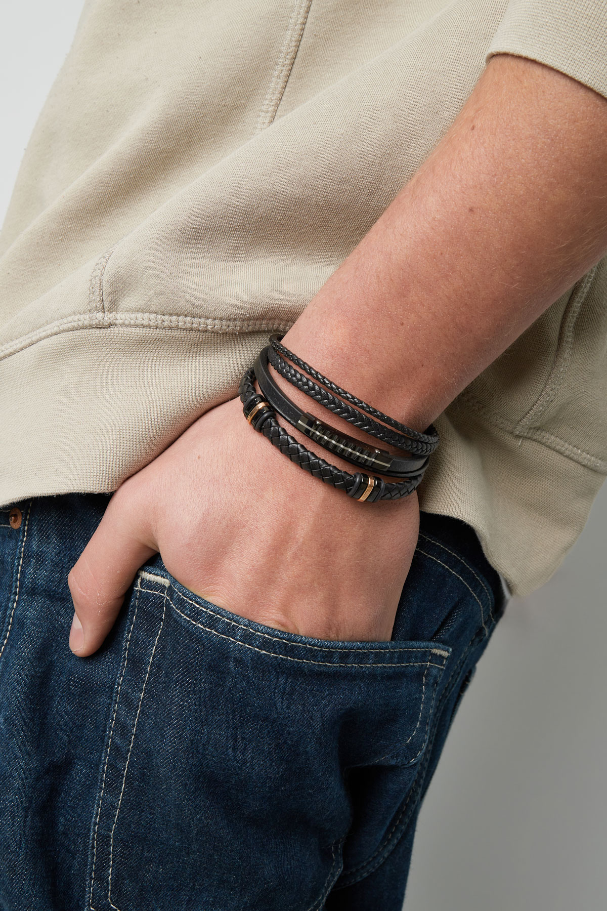 Men's bracelet braided with gold/black rings - dark blue h5 Picture2