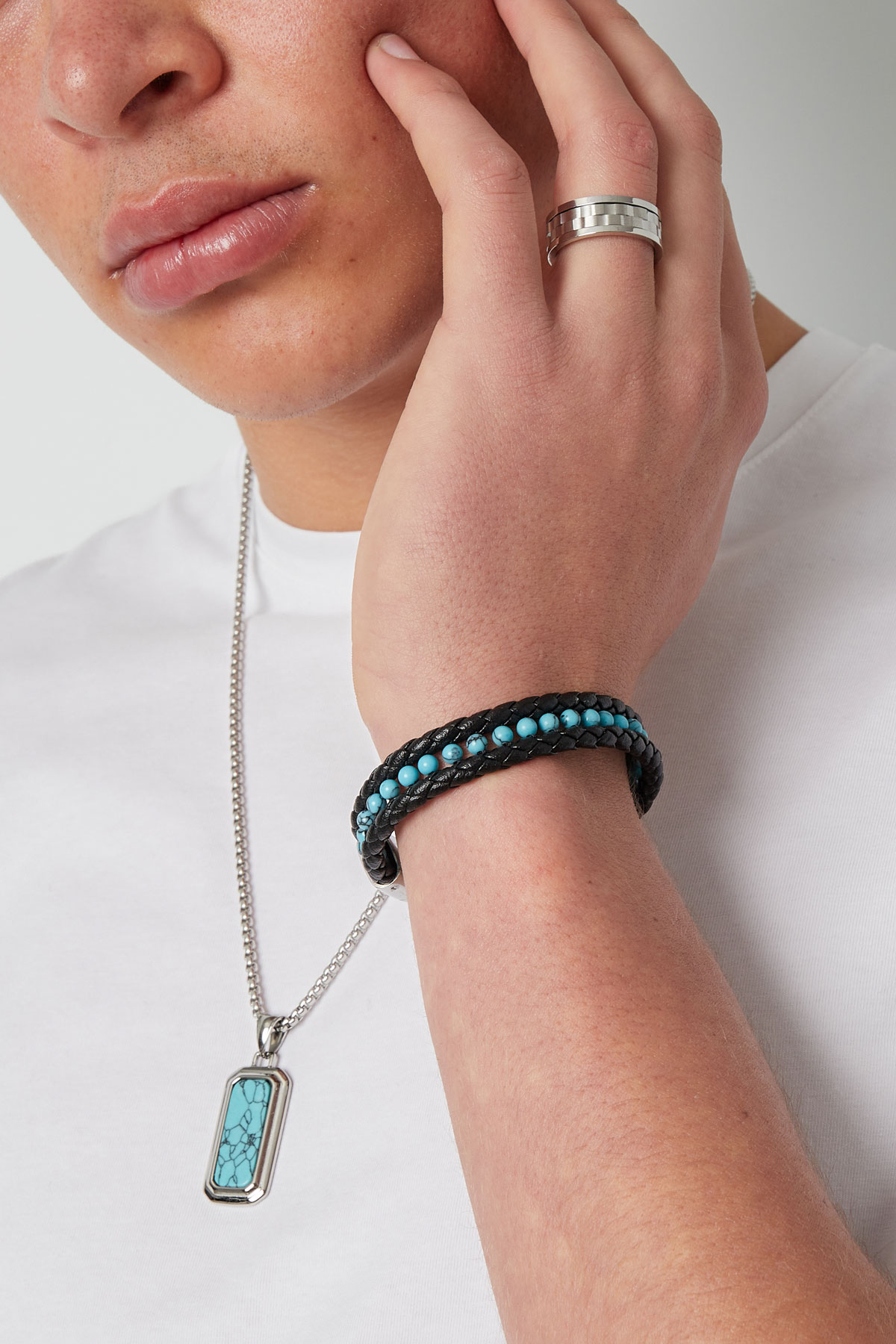 Double men's bracelet braided with beads in the middle - turquoise  Picture3