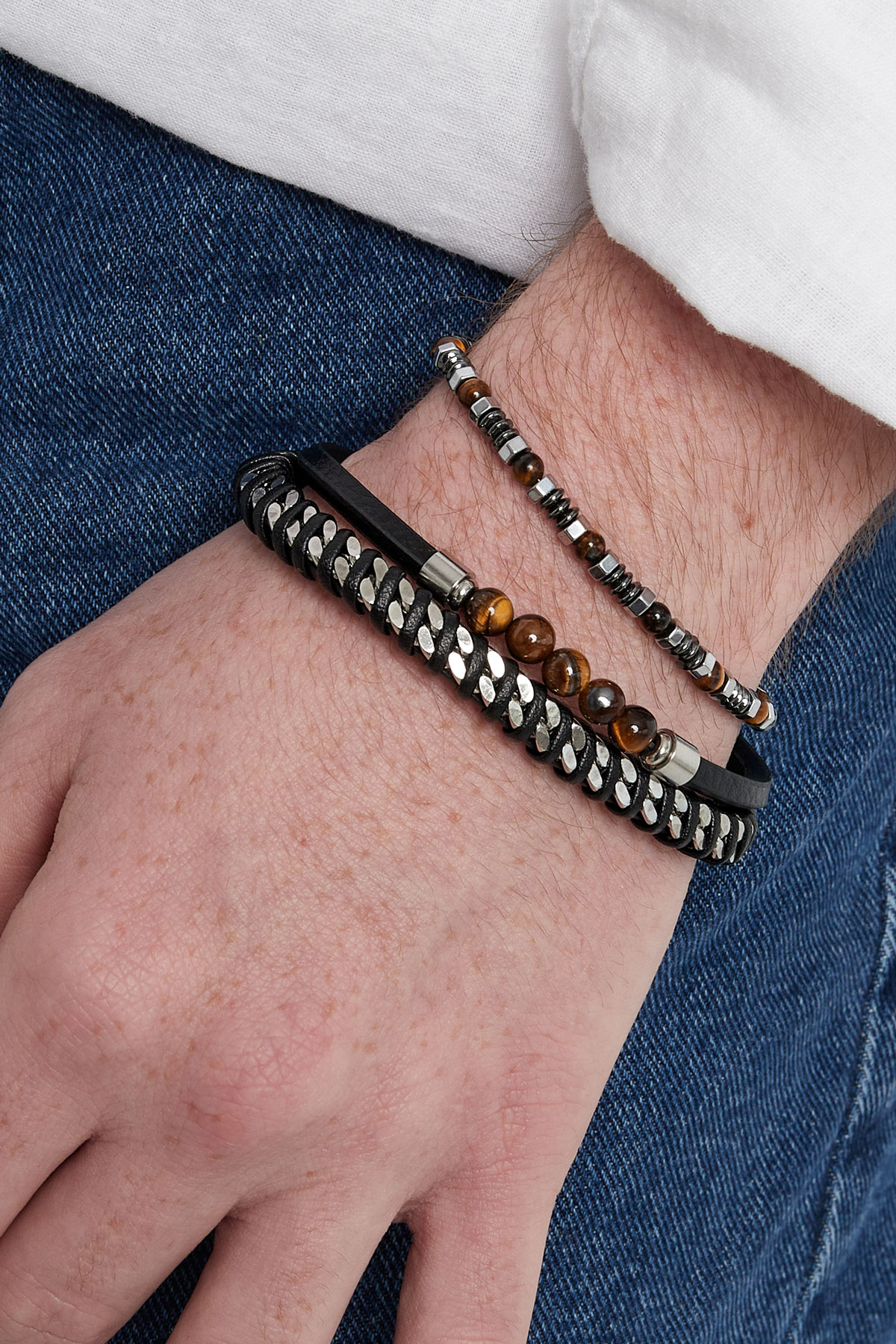 Simple men's bracelet with beads - black silver h5 Picture2