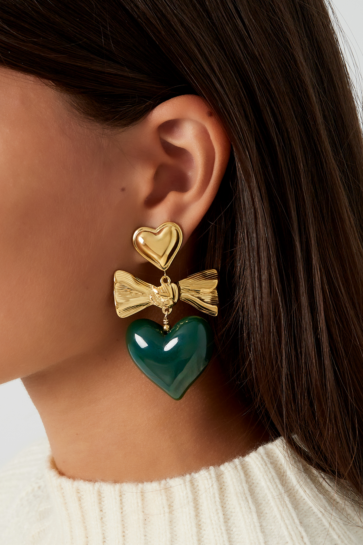 Earrings colored heart and bow - green & Gold color 2