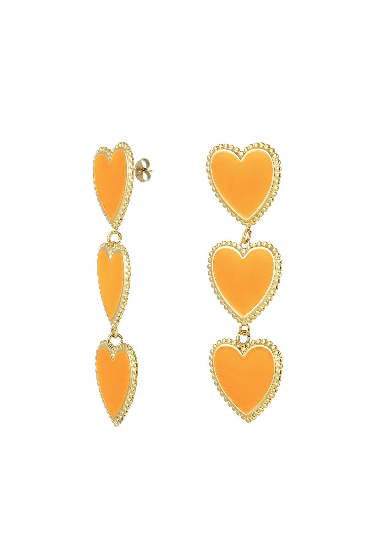 Oorbellen drie sierlijke hartjes op een rij Oranje &amp; Goud Stainless Steel