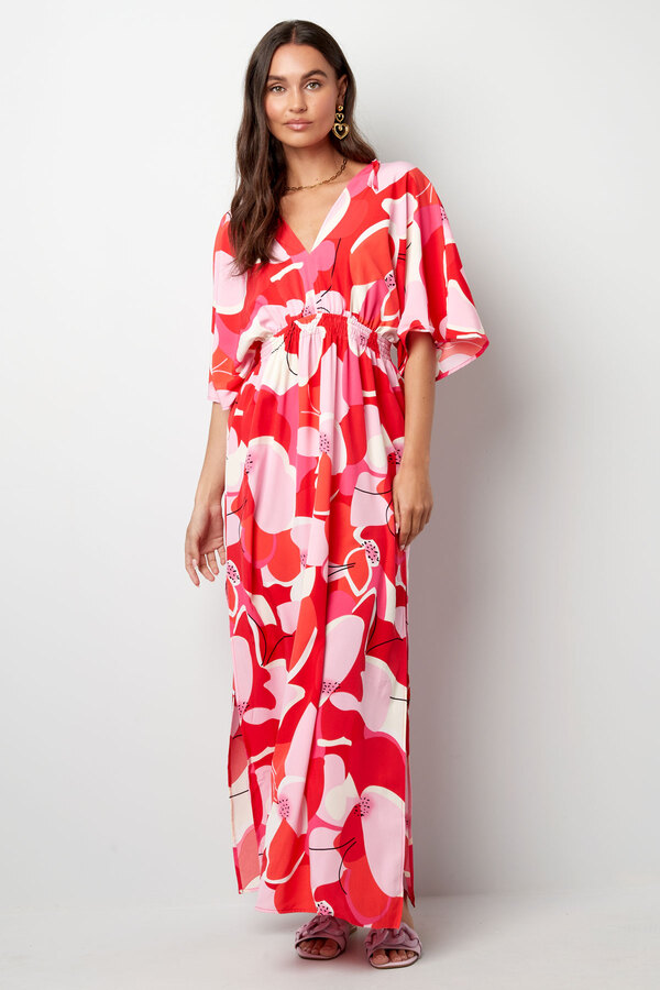 Kleid abstrakter Blumendruck tailliert - rot