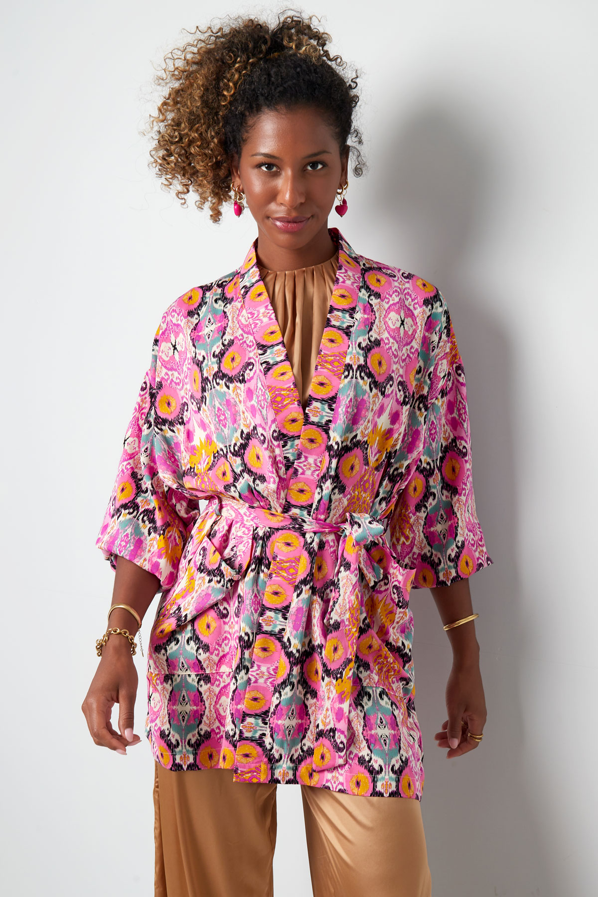 Korte kimono kleurrijke print - roze/multi h5 Afbeelding4