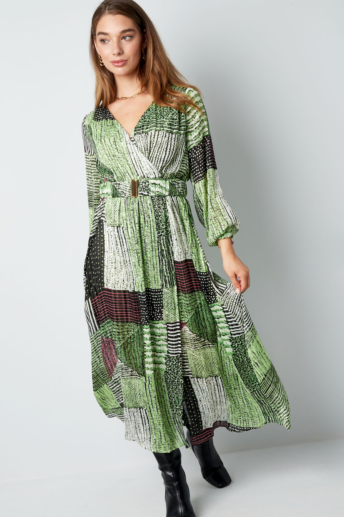 Üstü yeşil desenli maksi elbise h5 Resim4