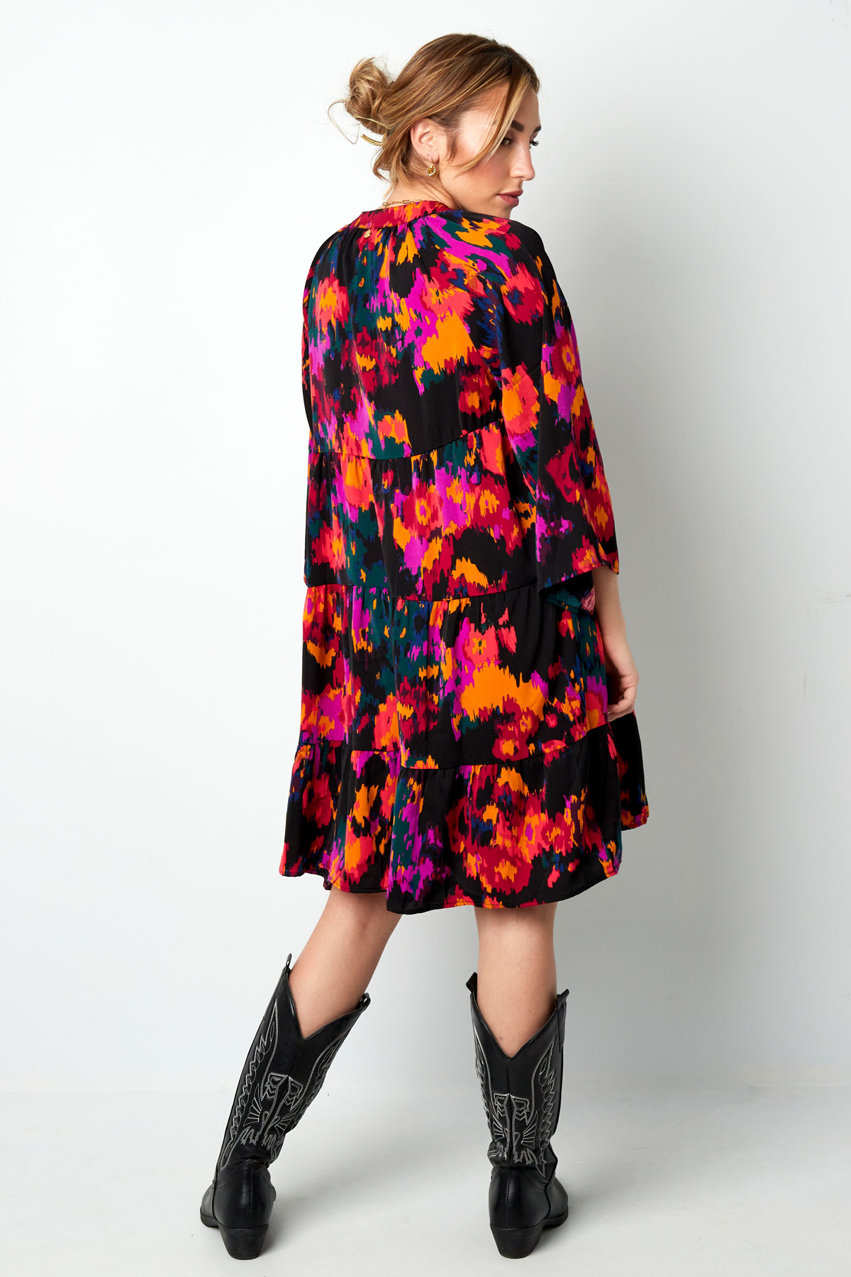 Dress three-quarter sleeves floral print black multi Picture7