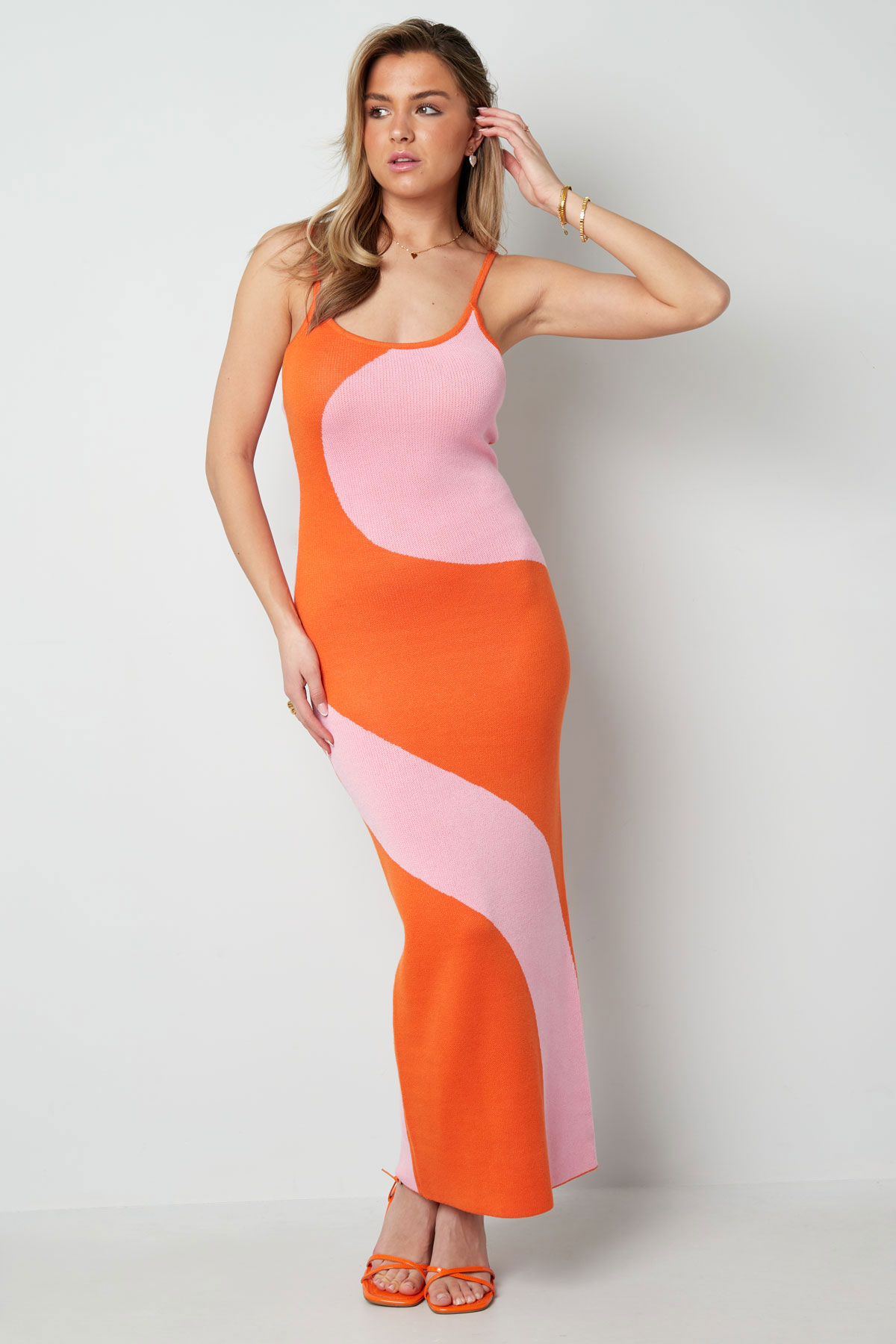 Organik desenli elbise - pembe turuncu Resim2