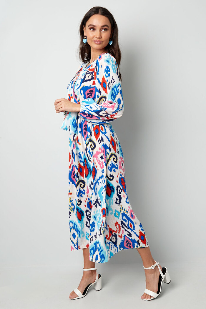 Lange jurk met print en tailleband - blauw  Afbeelding4