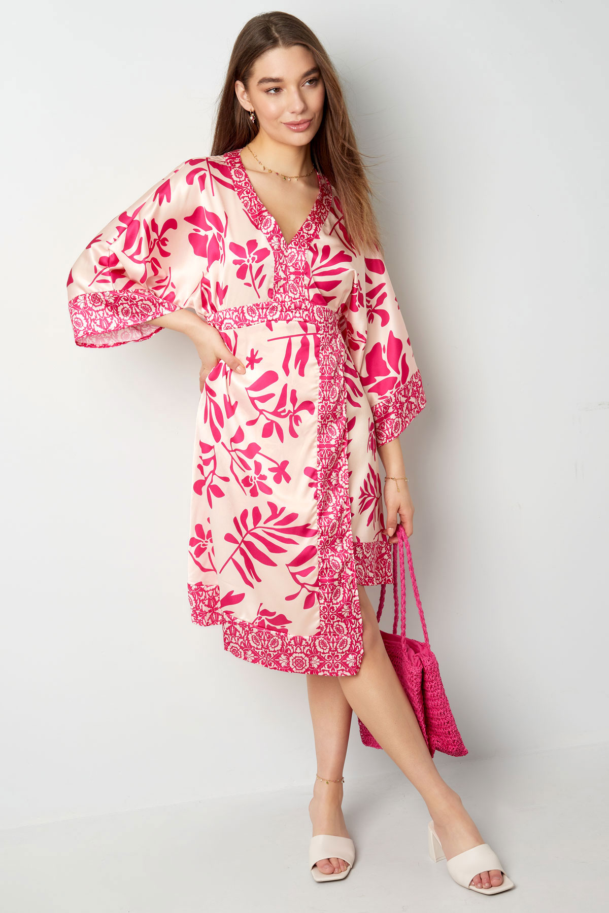 Midi dress with floral print - fuchsia h5 Picture3