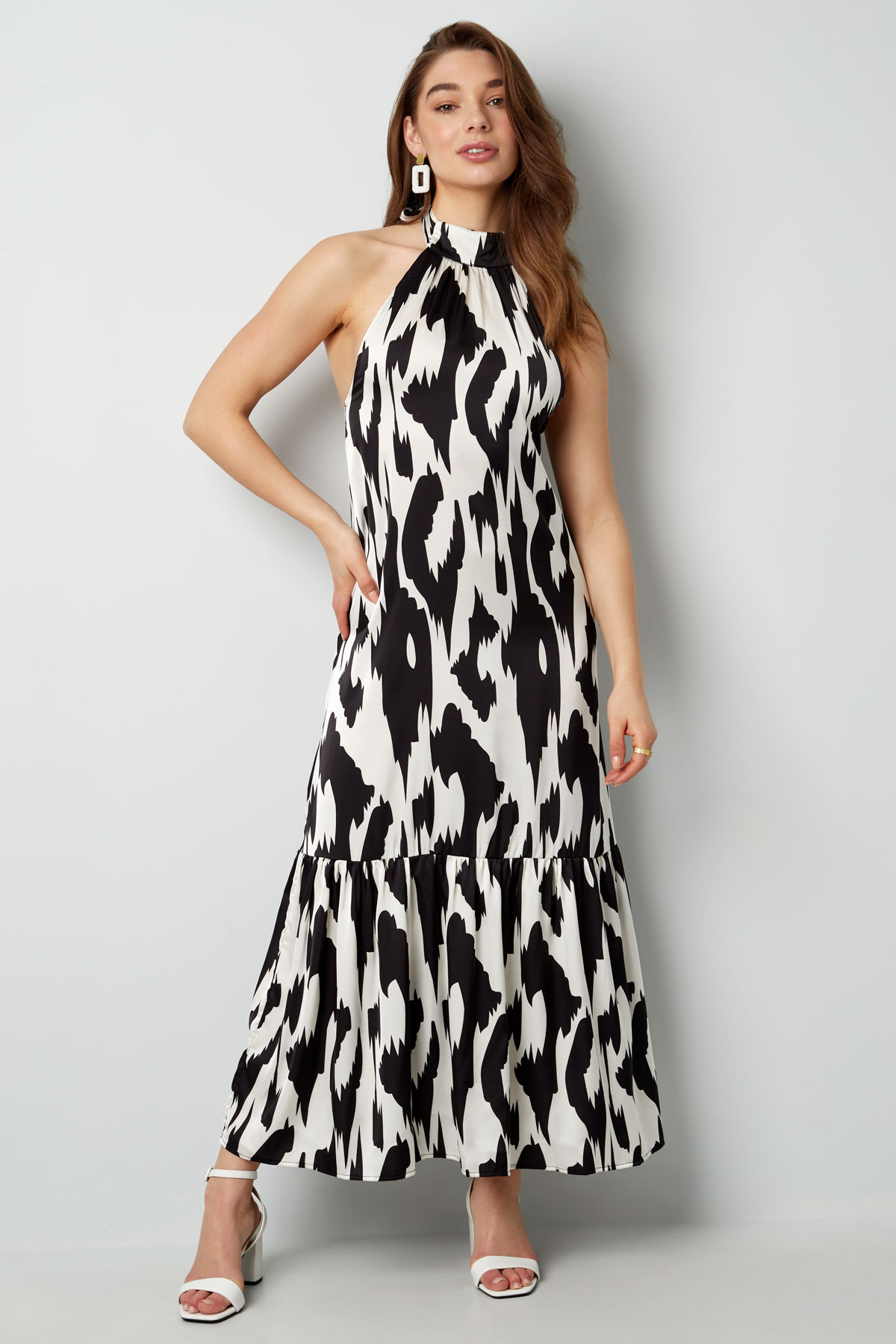 Desenli boyundan bağlamalı elbise - siyah/beyaz  h5 Resim2