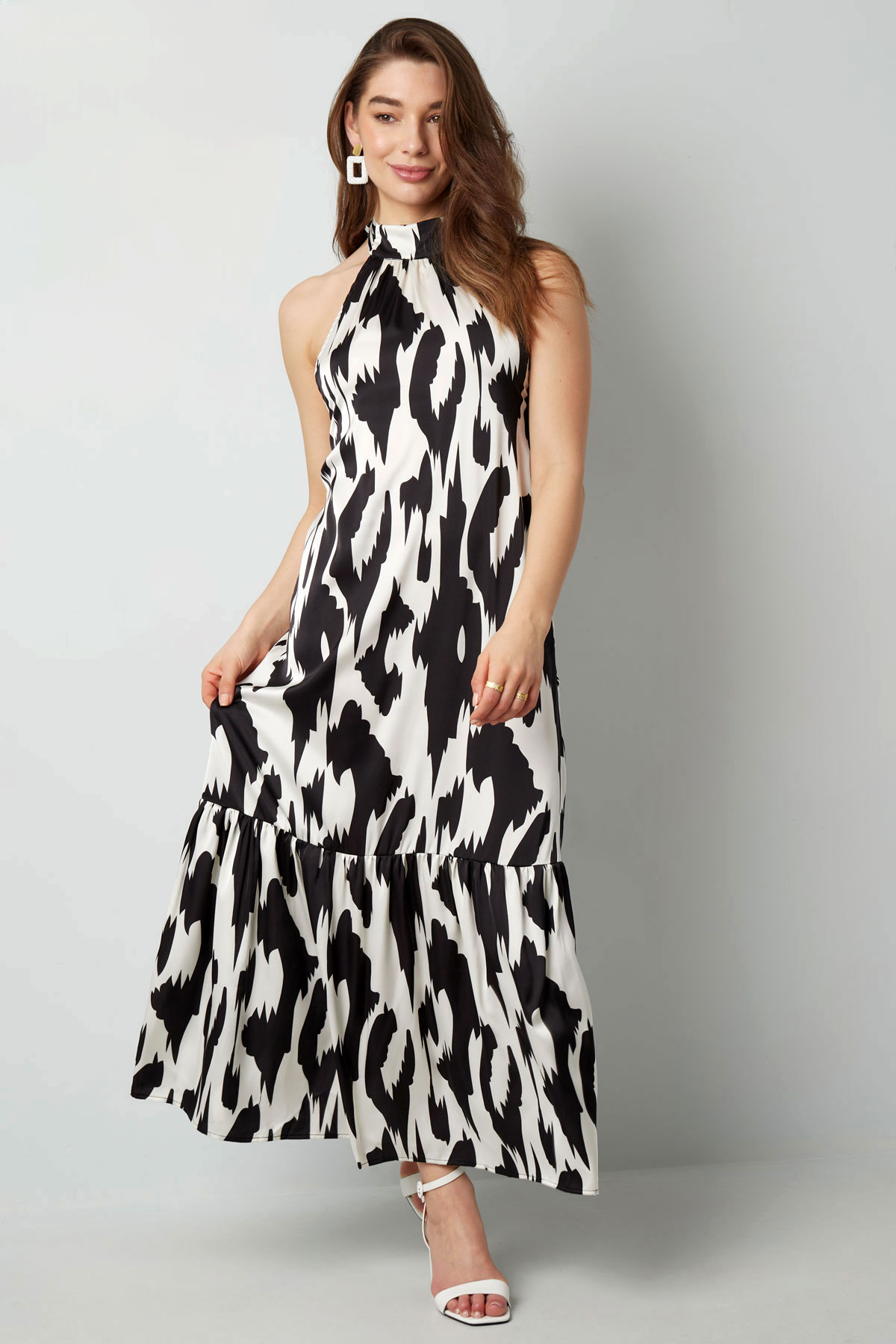 Desenli boyundan bağlamalı elbise - siyah/beyaz  h5 Resim4
