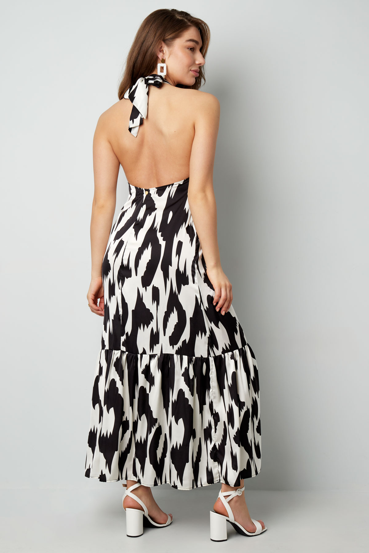Desenli boyundan bağlamalı elbise - siyah/beyaz  h5 Resim6