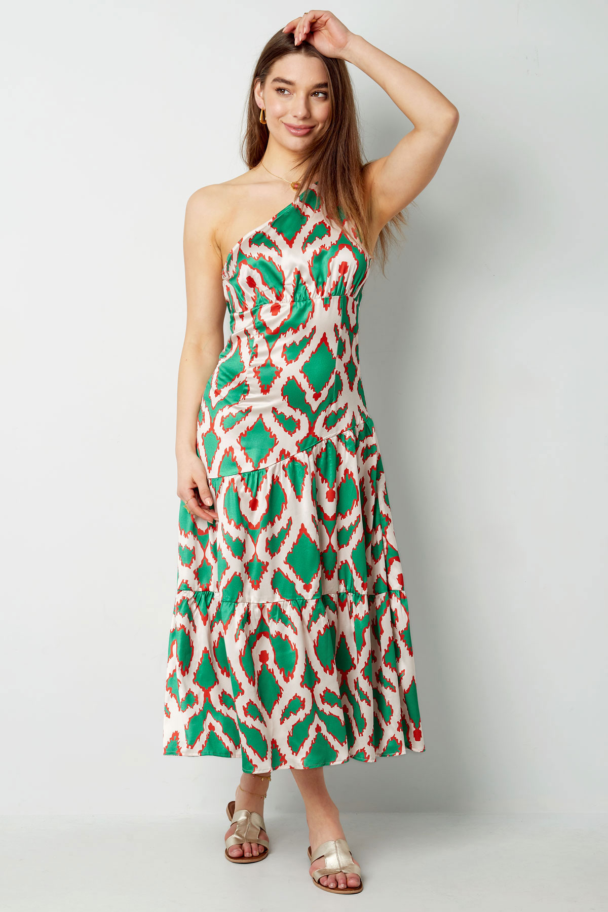 Tek omuzlu elbise tropikal mutluluk - yeşil Resim7