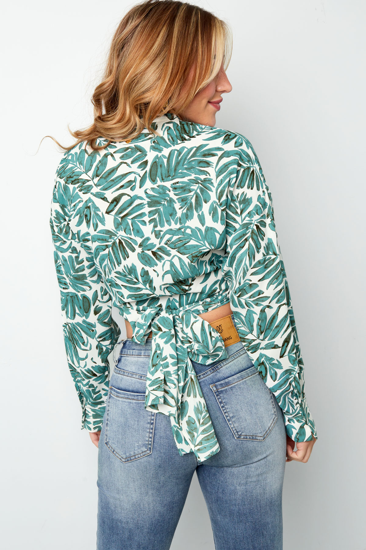 Wrap blouse leaf print green h5 Picture8