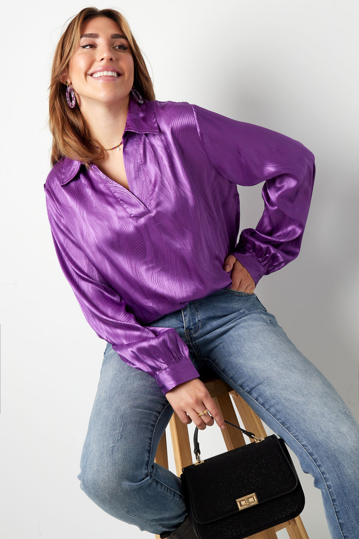Satijnen blouse met print - paars h5 Afbeelding11