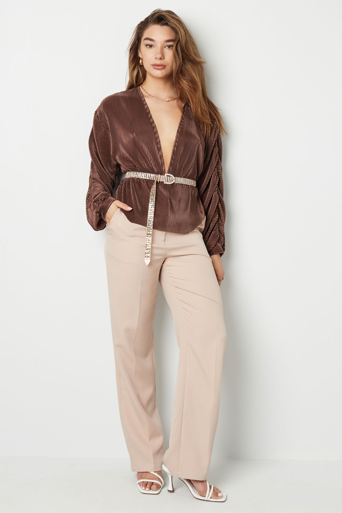 Blouse with rib structure and pleated sleeves Brown M h5 Picture5