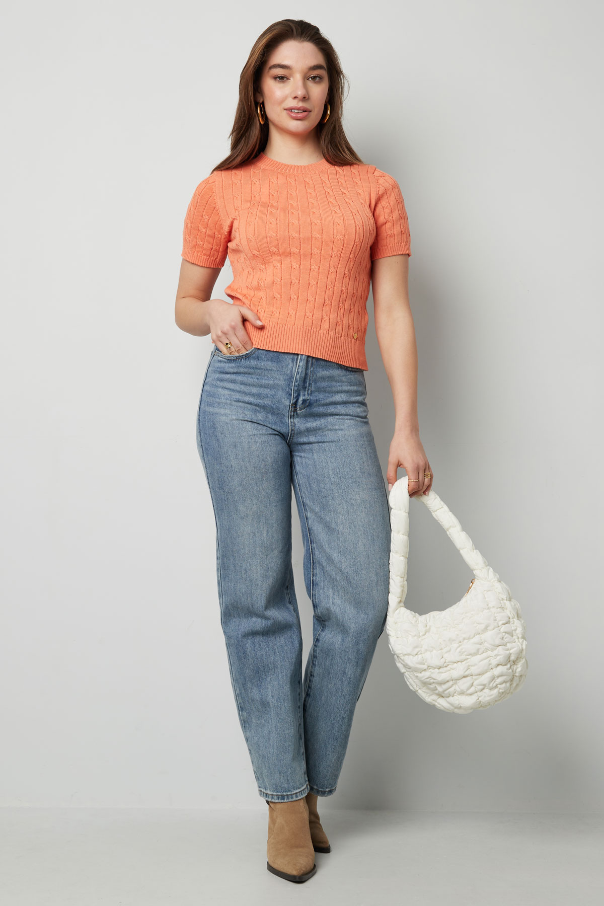 Knitted sweater with cables and short sleeves large/extra large – orange h5 Picture6