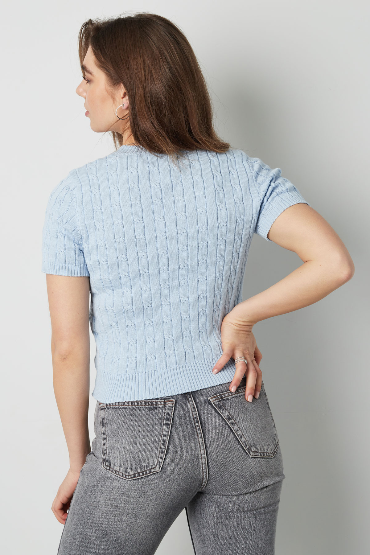 Jersey de punto con trenzas y manga corta pequeño/mediano – azul claro Imagen10