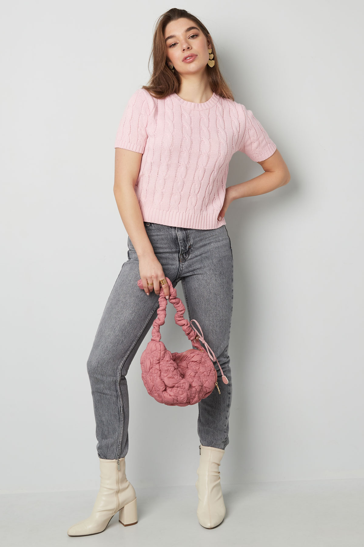 Classic knitted sweater with cables and short sleeves large/extra large – pink h5 Picture5