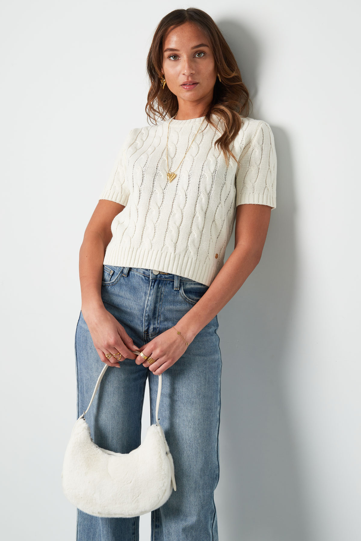 Classic knitted sweater with cables and short sleeves large/extra large – beige h5 Picture6