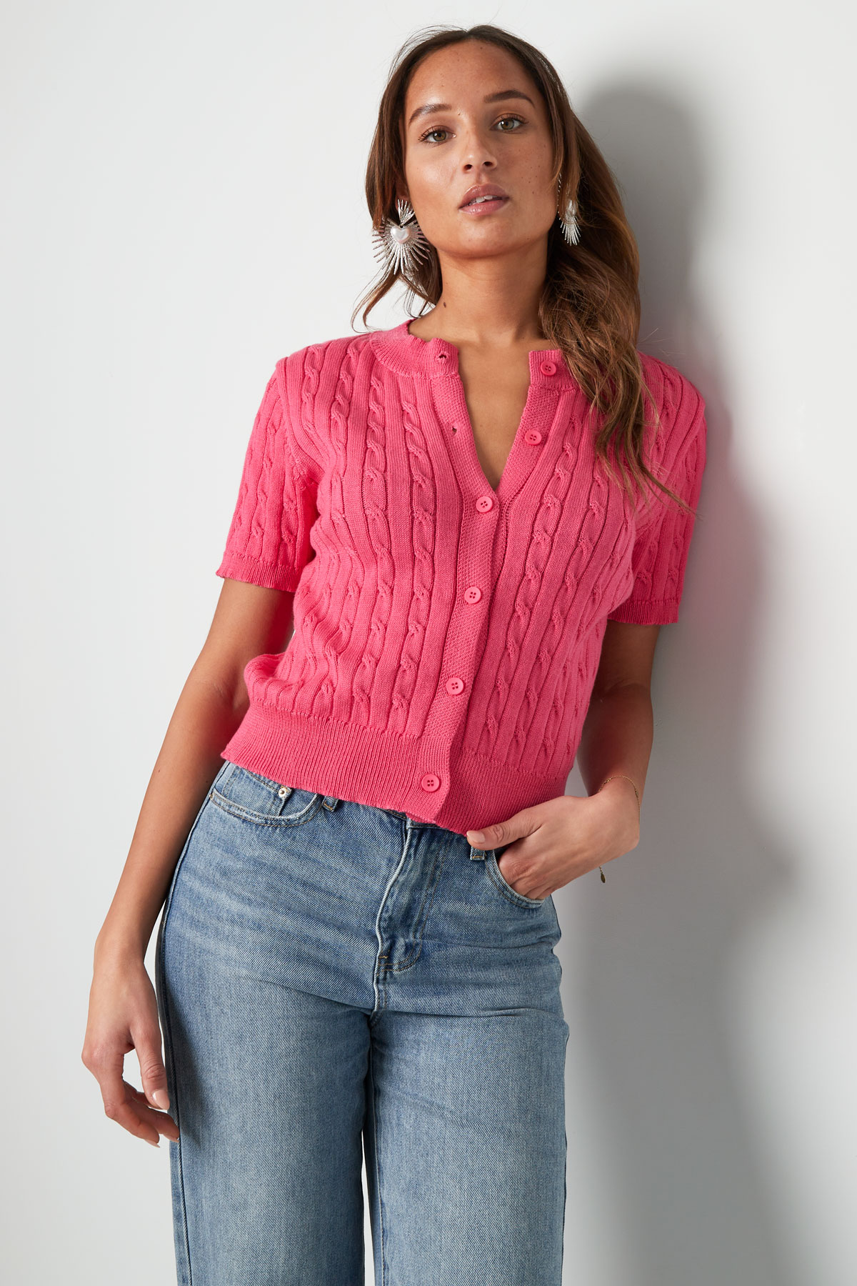 Knitted cardigan with cable print - fuchsia h5 Picture5